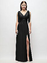 Front View Thumbnail - Black Plunge Neckline Bow Shoulder Empire Waist Chiffon Maxi Dress