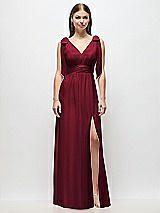 Front View Thumbnail - Burgundy Plunge Neckline Bow Shoulder Empire Waist Chiffon Maxi Dress