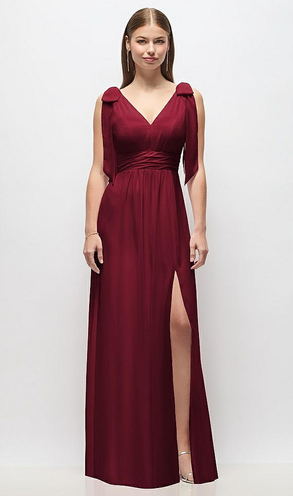 Front View - Burgundy Plunge Neckline Bow Shoulder Empire Waist Chiffon Maxi Dress