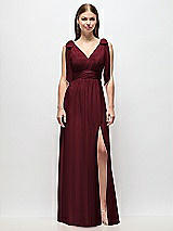 Front View Thumbnail - Cabernet Plunge Neckline Bow Shoulder Empire Waist Chiffon Maxi Dress
