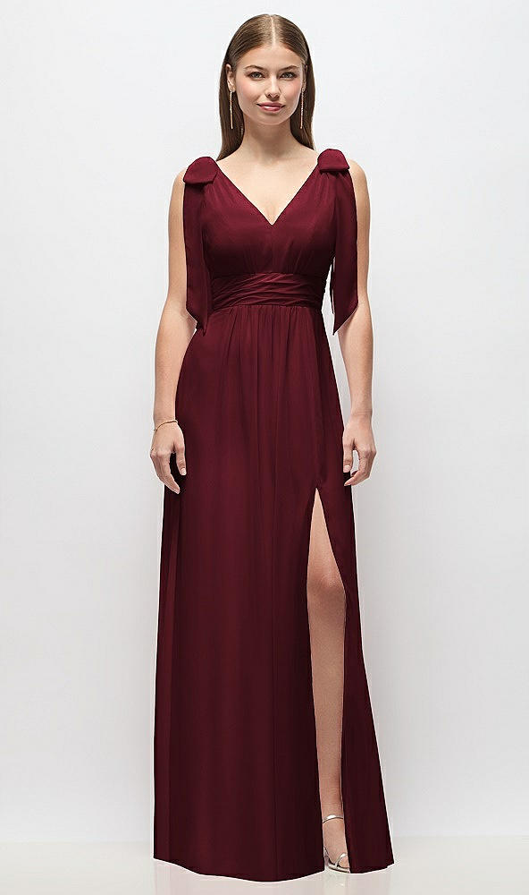 Front View - Cabernet Plunge Neckline Bow Shoulder Empire Waist Chiffon Maxi Dress