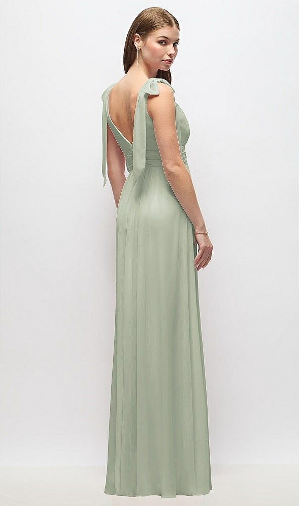 Back View - Celadon Plunge Neckline Bow Shoulder Empire Waist Chiffon Maxi Dress