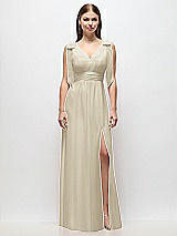 Front View Thumbnail - Champagne Plunge Neckline Bow Shoulder Empire Waist Chiffon Maxi Dress