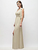 Side View Thumbnail - Champagne Plunge Neckline Bow Shoulder Empire Waist Chiffon Maxi Dress