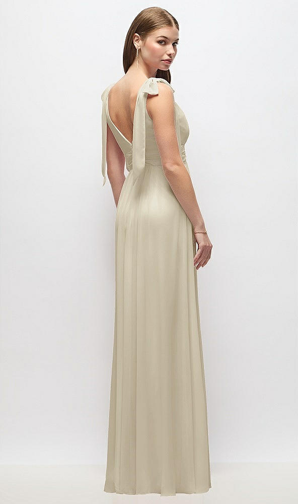 Back View - Champagne Plunge Neckline Bow Shoulder Empire Waist Chiffon Maxi Dress