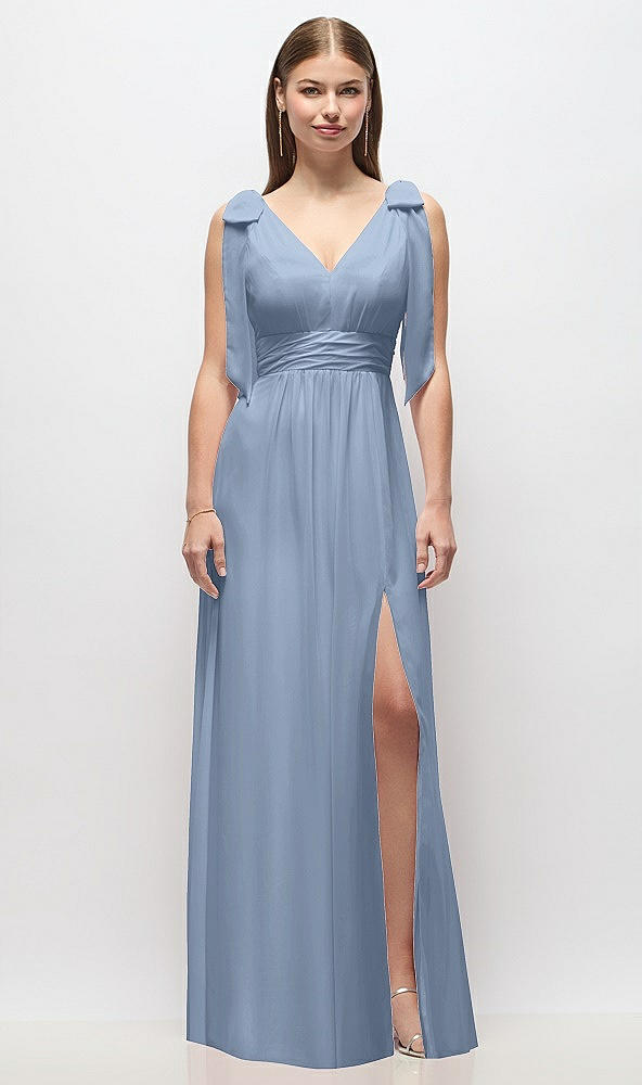 Front View - Cloudy Plunge Neckline Bow Shoulder Empire Waist Chiffon Maxi Dress
