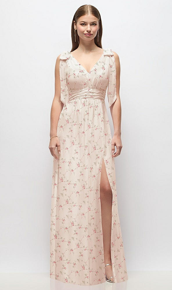 Front View - Coquette Floral Print Plunge Neckline Bow Shoulder Empire Waist Chiffon Maxi Dress