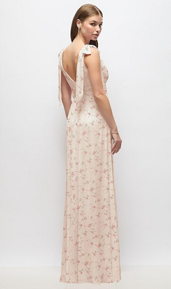 Back View - Coquette Floral Print Plunge Neckline Bow Shoulder Empire Waist Chiffon Maxi Dress