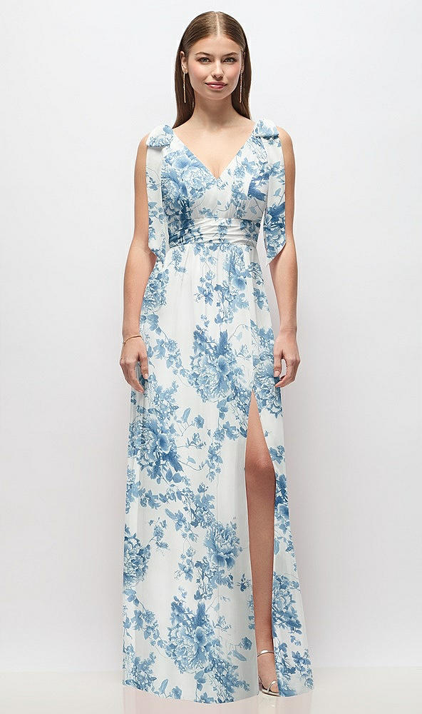 Front View - Cottage Rose Dusk Blue Plunge Neckline Bow Shoulder Empire Waist Chiffon Maxi Dress