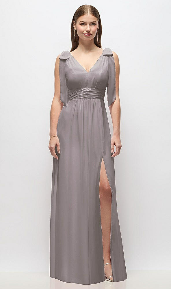Front View - Cashmere Gray Plunge Neckline Bow Shoulder Empire Waist Chiffon Maxi Dress