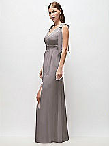 Side View Thumbnail - Cashmere Gray Plunge Neckline Bow Shoulder Empire Waist Chiffon Maxi Dress