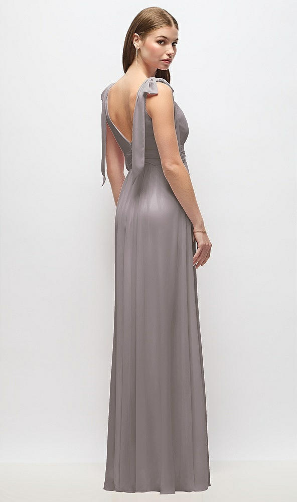 Back View - Cashmere Gray Plunge Neckline Bow Shoulder Empire Waist Chiffon Maxi Dress