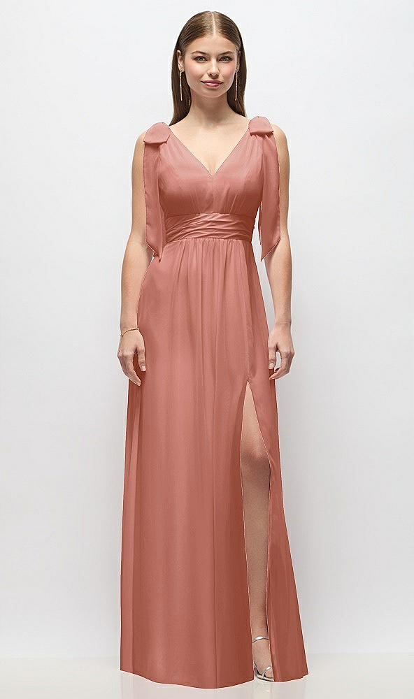 Front View - Desert Rose Plunge Neckline Bow Shoulder Empire Waist Chiffon Maxi Dress