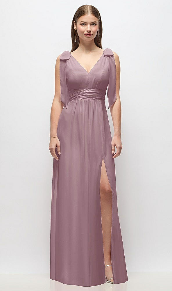 Front View - Dusty Rose Plunge Neckline Bow Shoulder Empire Waist Chiffon Maxi Dress