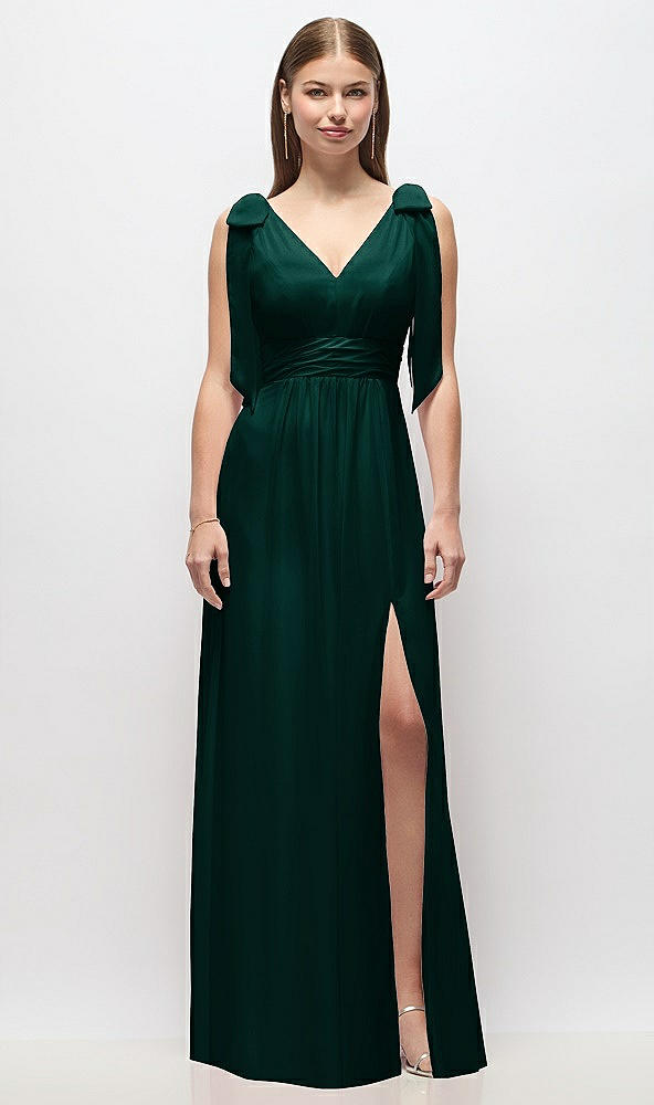 Front View - Evergreen Plunge Neckline Bow Shoulder Empire Waist Chiffon Maxi Dress