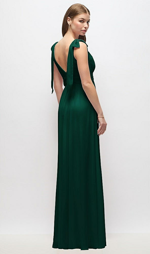 Back View - Hunter Green Plunge Neckline Bow Shoulder Empire Waist Chiffon Maxi Dress