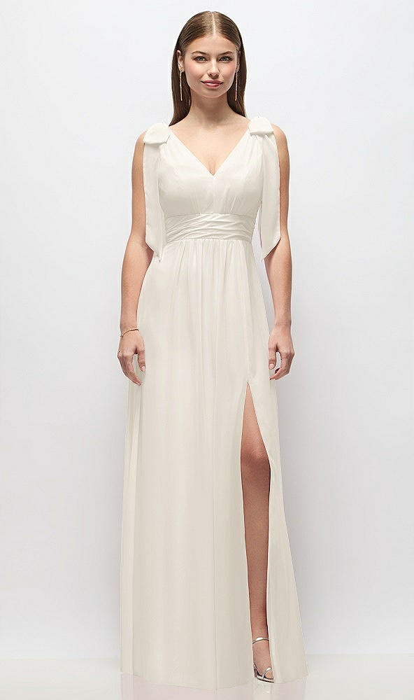 Front View - Ivory Plunge Neckline Bow Shoulder Empire Waist Chiffon Maxi Dress