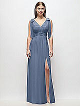 Front View Thumbnail - Larkspur Blue Plunge Neckline Bow Shoulder Empire Waist Chiffon Maxi Dress