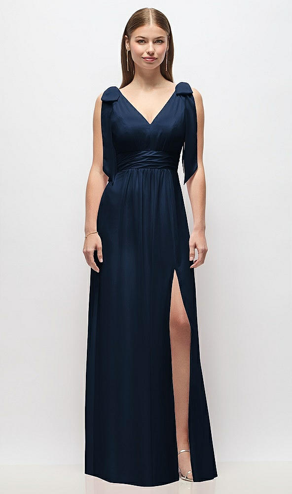 Front View - Midnight Navy Plunge Neckline Bow Shoulder Empire Waist Chiffon Maxi Dress