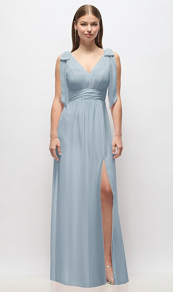 Front View - Mist Plunge Neckline Bow Shoulder Empire Waist Chiffon Maxi Dress