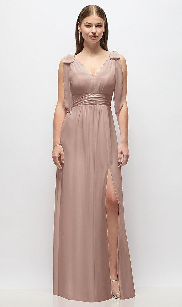 Front View - Neu Nude Plunge Neckline Bow Shoulder Empire Waist Chiffon Maxi Dress