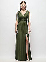 Front View Thumbnail - Olive Green Plunge Neckline Bow Shoulder Empire Waist Chiffon Maxi Dress