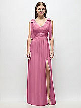 Front View Thumbnail - Orchid Pink Plunge Neckline Bow Shoulder Empire Waist Chiffon Maxi Dress