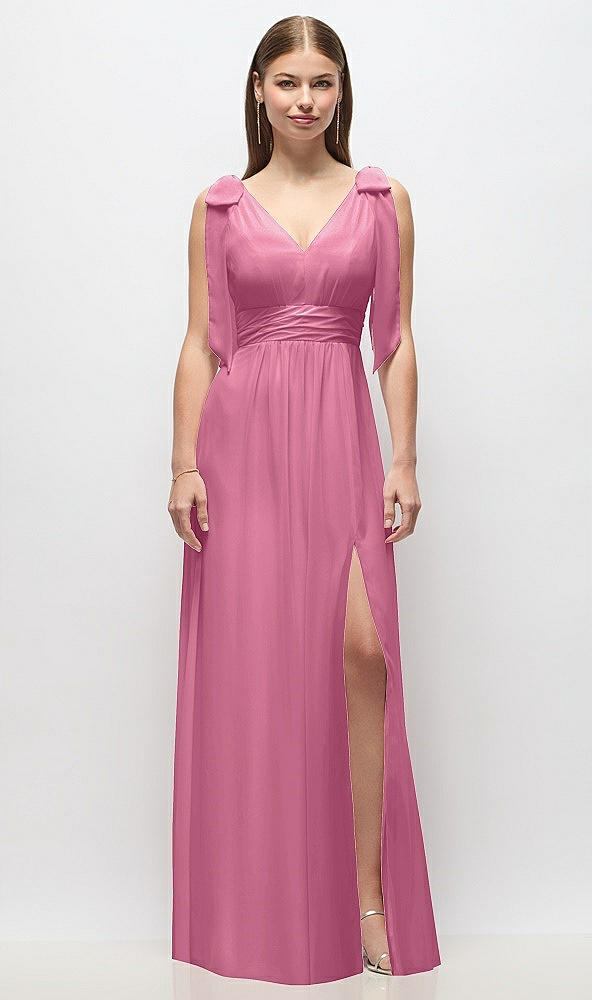 Front View - Orchid Pink Plunge Neckline Bow Shoulder Empire Waist Chiffon Maxi Dress