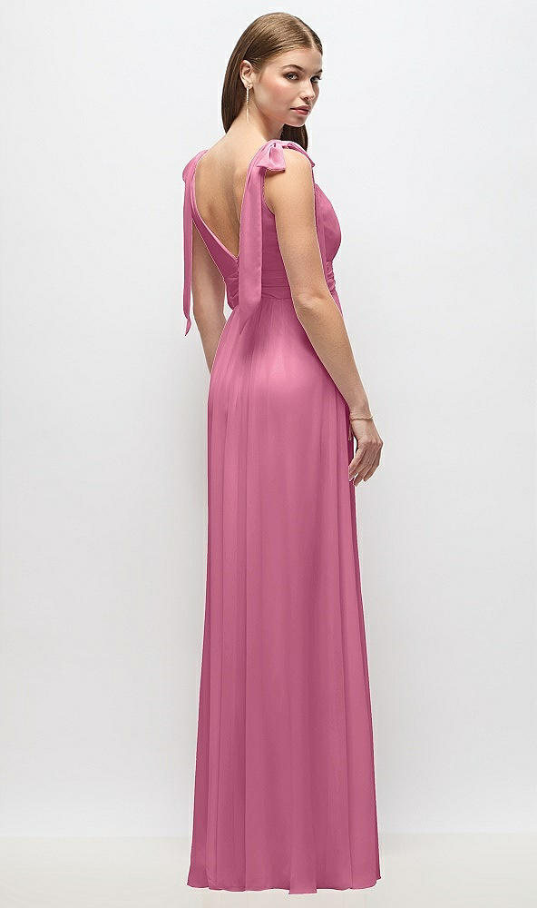 Back View - Orchid Pink Plunge Neckline Bow Shoulder Empire Waist Chiffon Maxi Dress