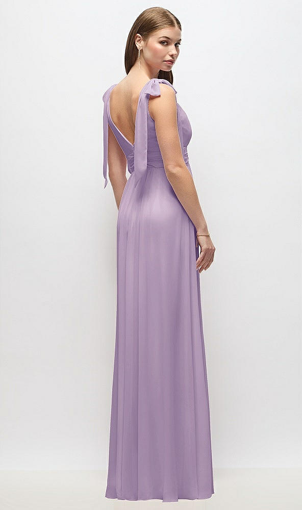 Back View - Pale Purple Plunge Neckline Bow Shoulder Empire Waist Chiffon Maxi Dress
