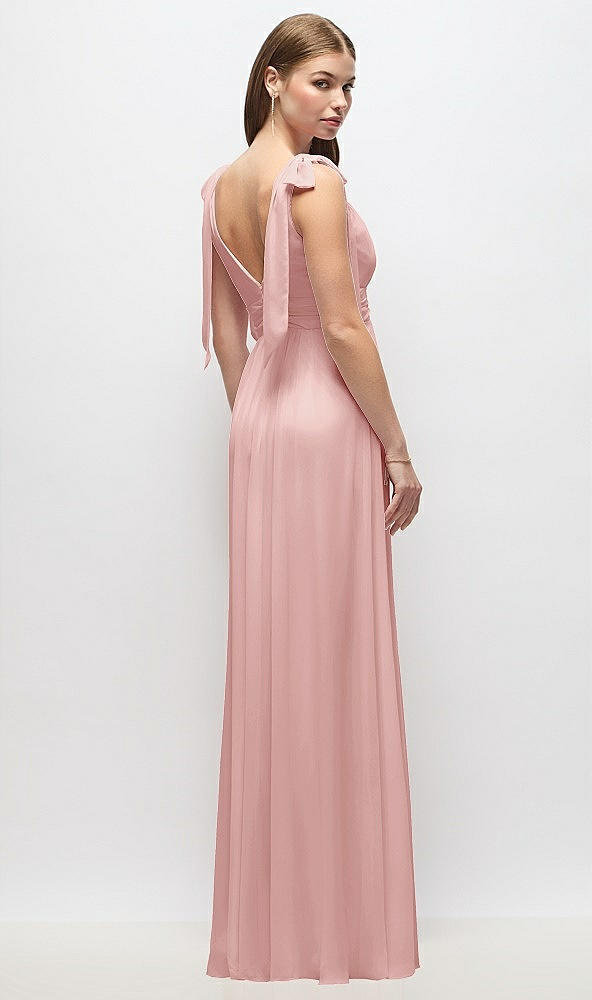 Back View - Rose Plunge Neckline Bow Shoulder Empire Waist Chiffon Maxi Dress