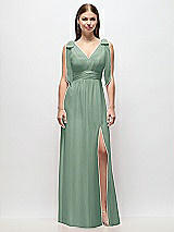 Front View Thumbnail - Seagrass Plunge Neckline Bow Shoulder Empire Waist Chiffon Maxi Dress
