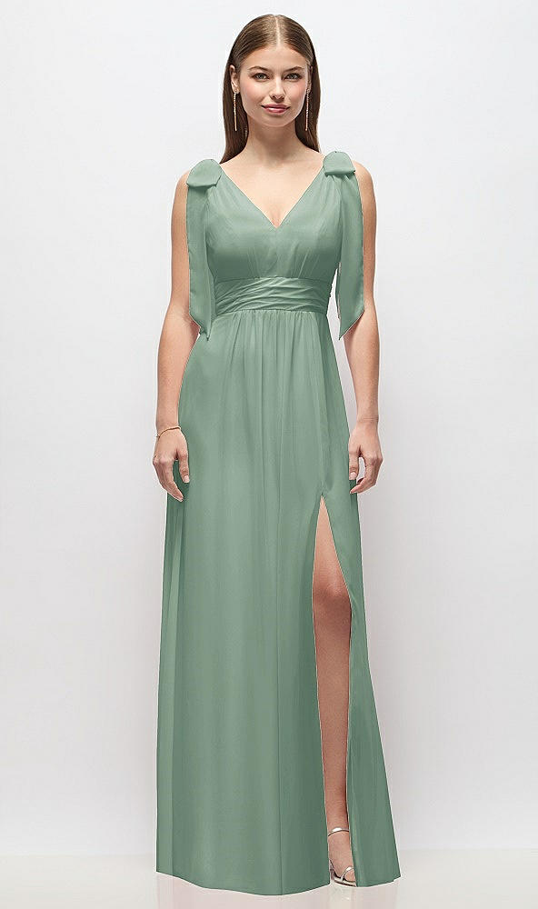 Front View - Seagrass Plunge Neckline Bow Shoulder Empire Waist Chiffon Maxi Dress