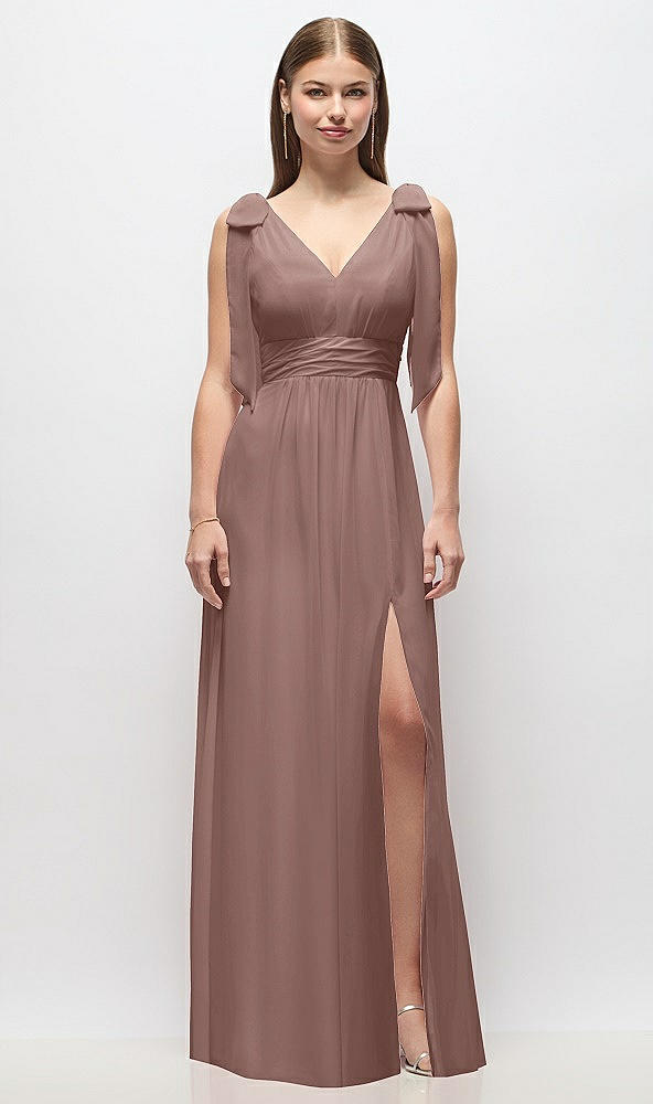 Front View - Sienna Plunge Neckline Bow Shoulder Empire Waist Chiffon Maxi Dress