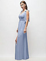 Side View Thumbnail - Sky Blue Plunge Neckline Bow Shoulder Empire Waist Chiffon Maxi Dress