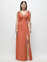 Front View Thumbnail - Terracotta Copper Plunge Neckline Bow Shoulder Empire Waist Chiffon Maxi Dress