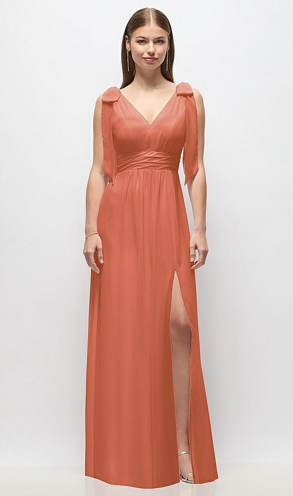 Front View - Terracotta Copper Plunge Neckline Bow Shoulder Empire Waist Chiffon Maxi Dress