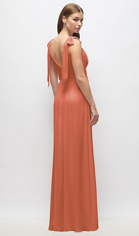 Back View - Terracotta Copper Plunge Neckline Bow Shoulder Empire Waist Chiffon Maxi Dress