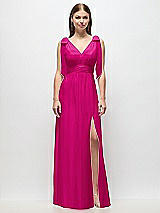 Front View Thumbnail - Think Pink Plunge Neckline Bow Shoulder Empire Waist Chiffon Maxi Dress