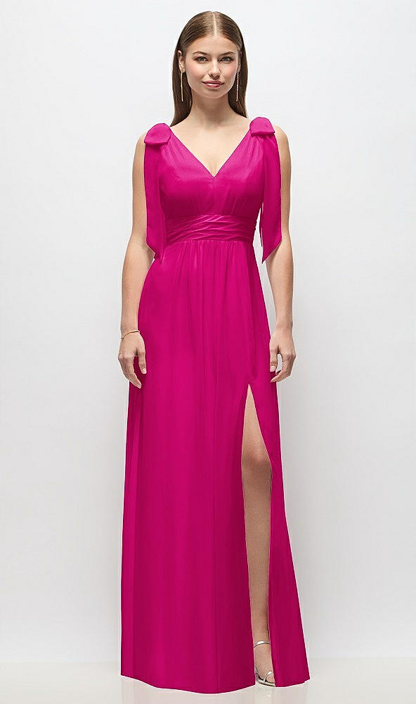 Front View - Think Pink Plunge Neckline Bow Shoulder Empire Waist Chiffon Maxi Dress