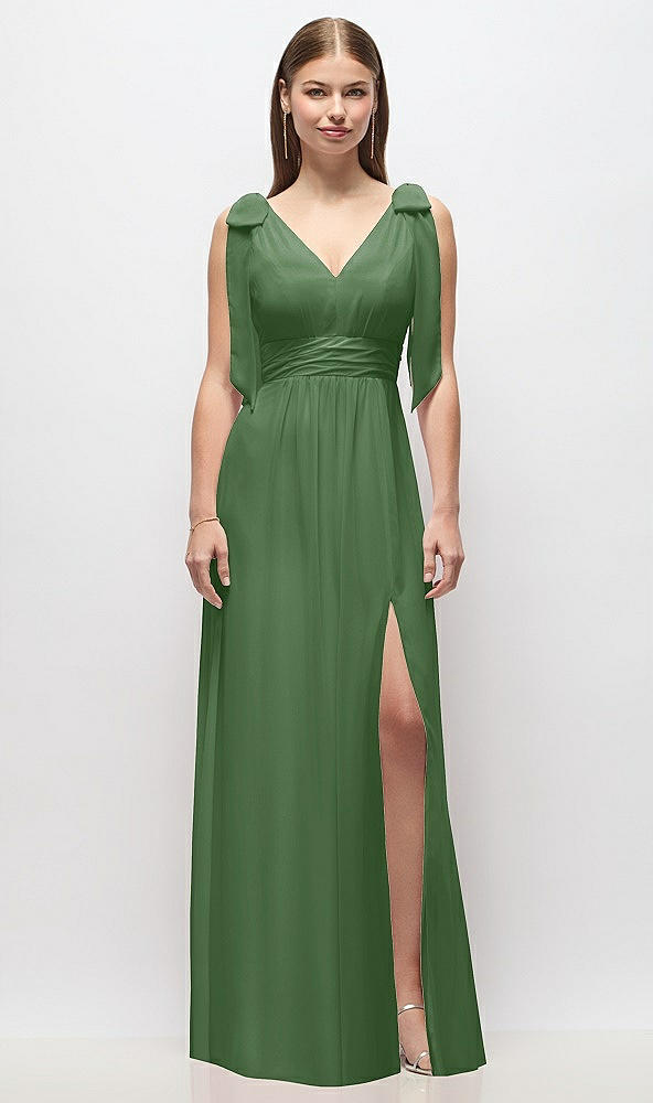 Front View - Vineyard Green Plunge Neckline Bow Shoulder Empire Waist Chiffon Maxi Dress