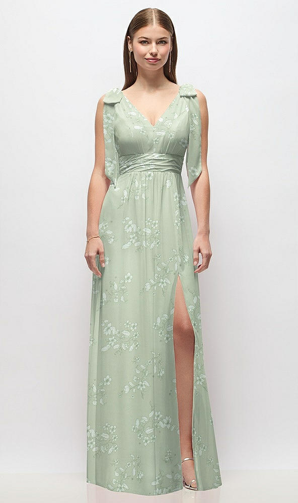 Front View - Vintage Primrose Sage Plunge Neckline Bow Shoulder Empire Waist Chiffon Maxi Dress
