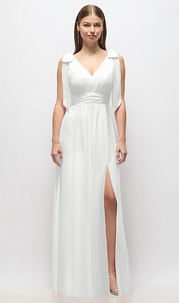 Front View - White Plunge Neckline Bow Shoulder Empire Waist Chiffon Maxi Dress