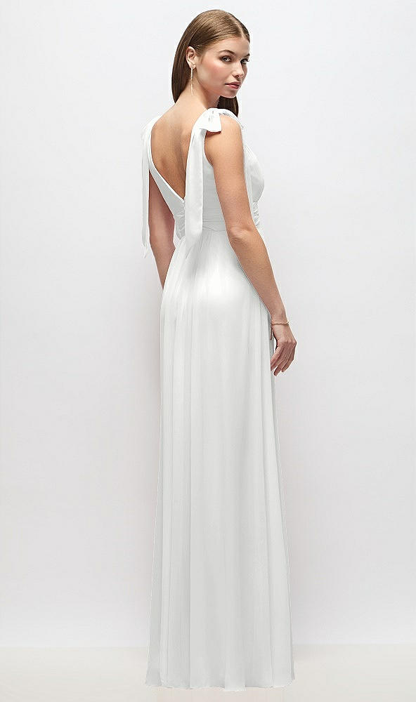 Back View - White Plunge Neckline Bow Shoulder Empire Waist Chiffon Maxi Dress