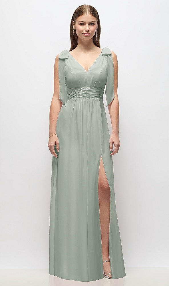 Front View - Willow Green Plunge Neckline Bow Shoulder Empire Waist Chiffon Maxi Dress