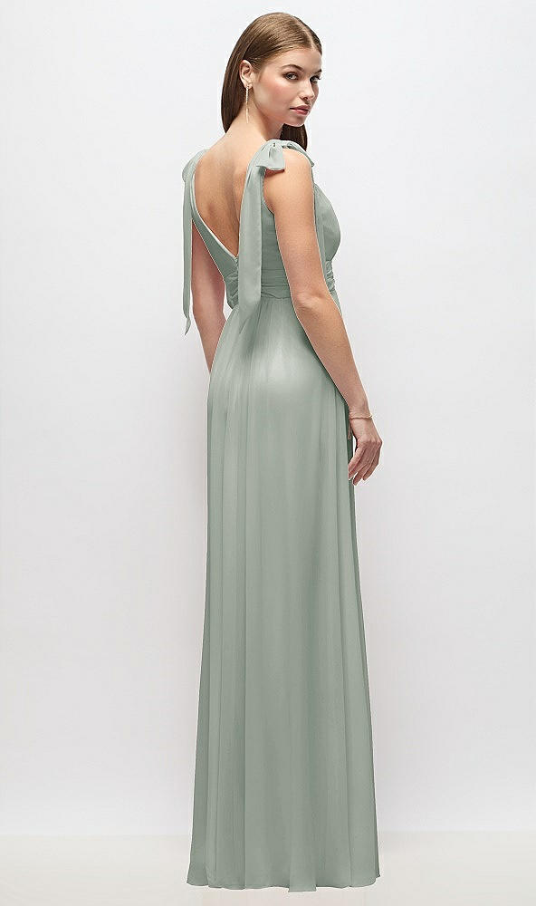 Back View - Willow Green Plunge Neckline Bow Shoulder Empire Waist Chiffon Maxi Dress