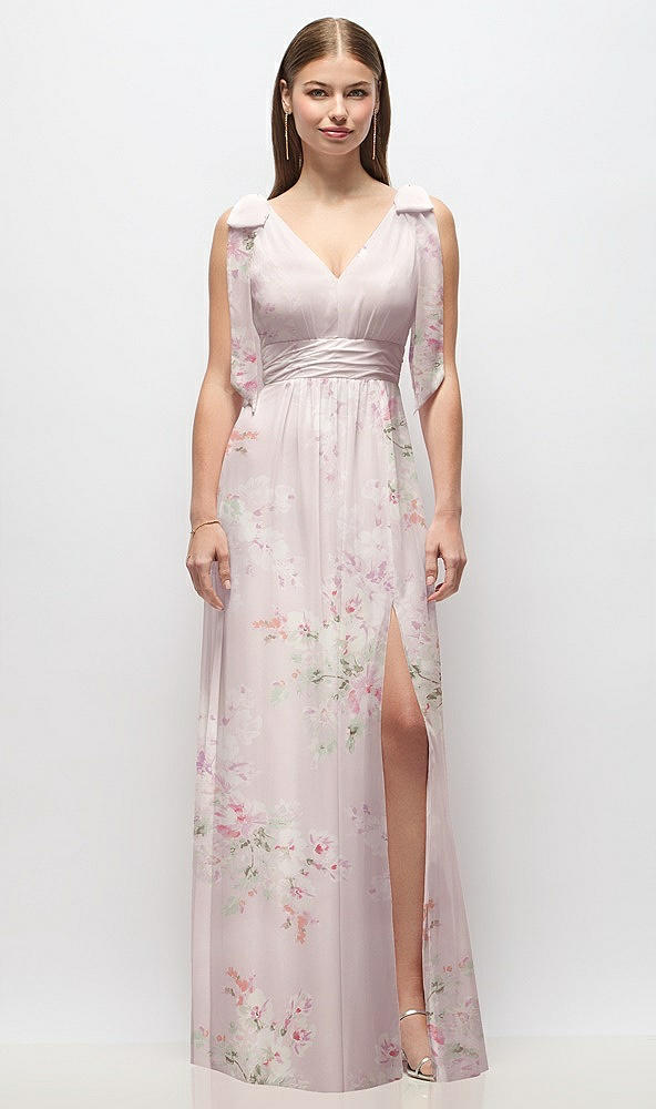 Front View - Watercolor Print Plunge Neckline Bow Shoulder Empire Waist Chiffon Maxi Dress