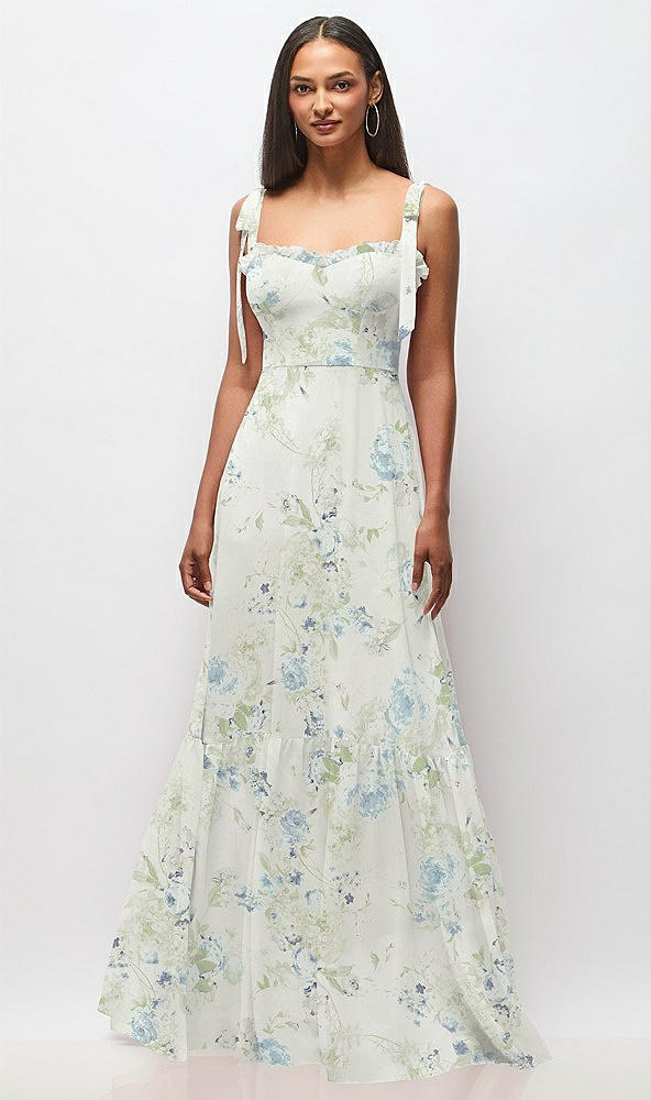 Front View - Bleu Garden Tie-Shoulder Bustier Bodice Ruffle-Hem Maxi Dress