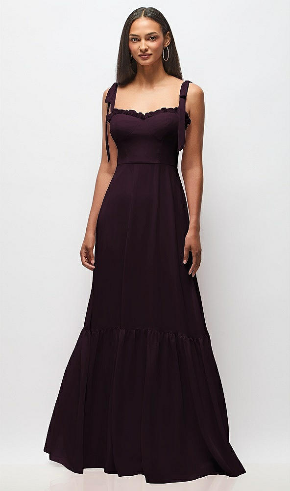 Front View - Deep Plum Tie-Shoulder Bustier Bodice Ruffle-Hem Maxi Dress
