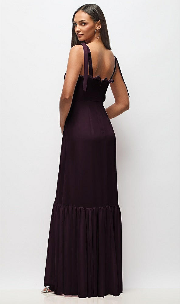 Back View - Deep Plum Tie-Shoulder Bustier Bodice Ruffle-Hem Maxi Dress